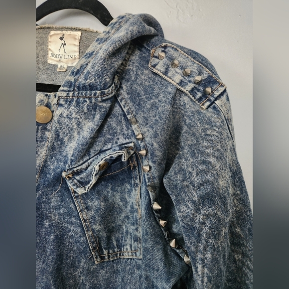 Vintage Y2K Body Line Denim Hooded Spiked Blazer Style Jean Jacket M/L - Picture 5 of 6